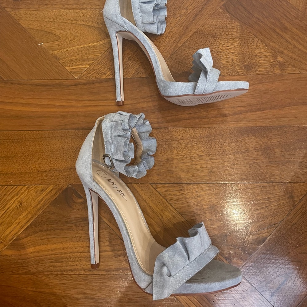 Nasty Gal baby blue suede heels with ruffle detail
